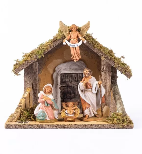 Presepe | Fontanini Capanna N.56/L Con 4 Pezzi Per Presepe Cm.9,5